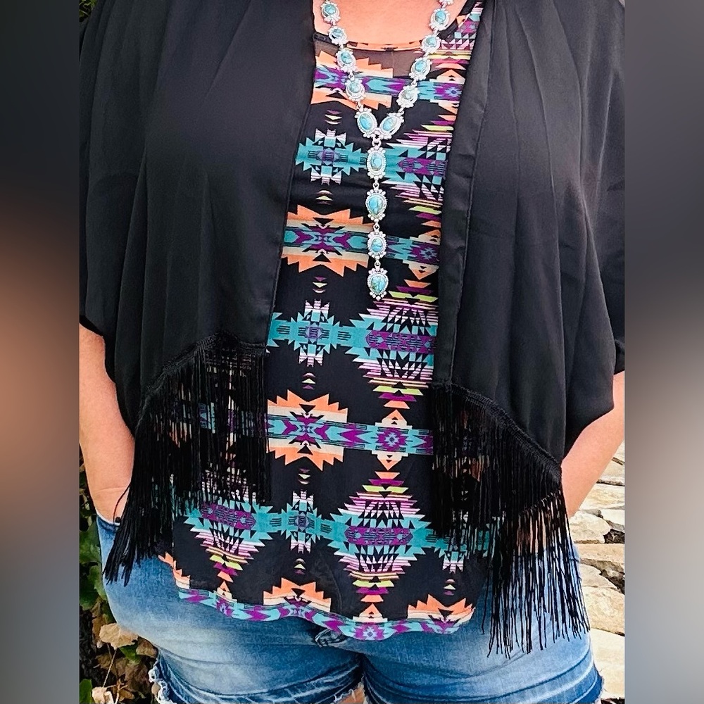L&B Apparel Festival Fringe Cardi - Black - Picture 2 of 4